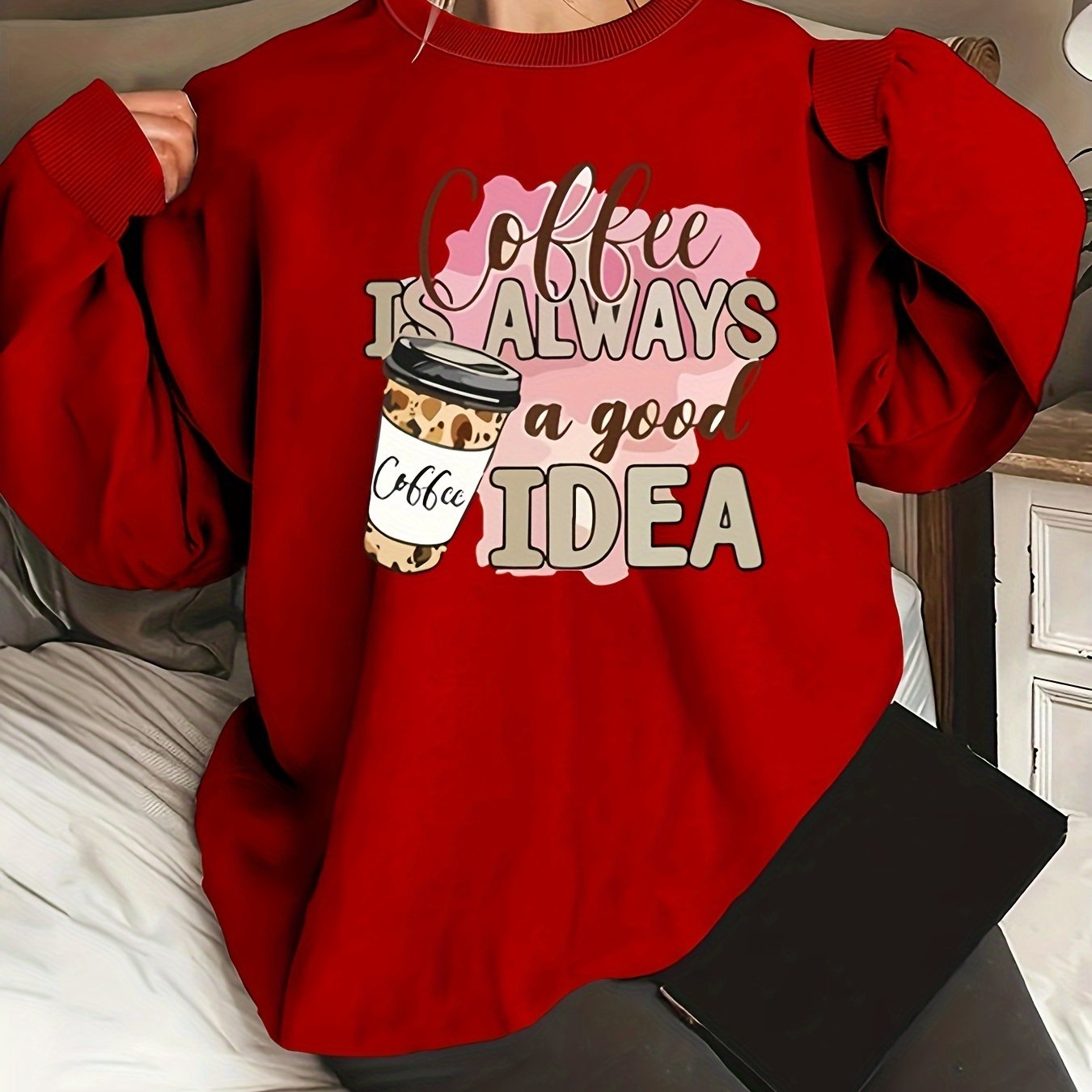 Plus Size Women's Coffee Cup Print Round Neck Sweatshirt