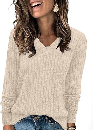 V-Neck Long Sleeve Brushed Stripe Tee
