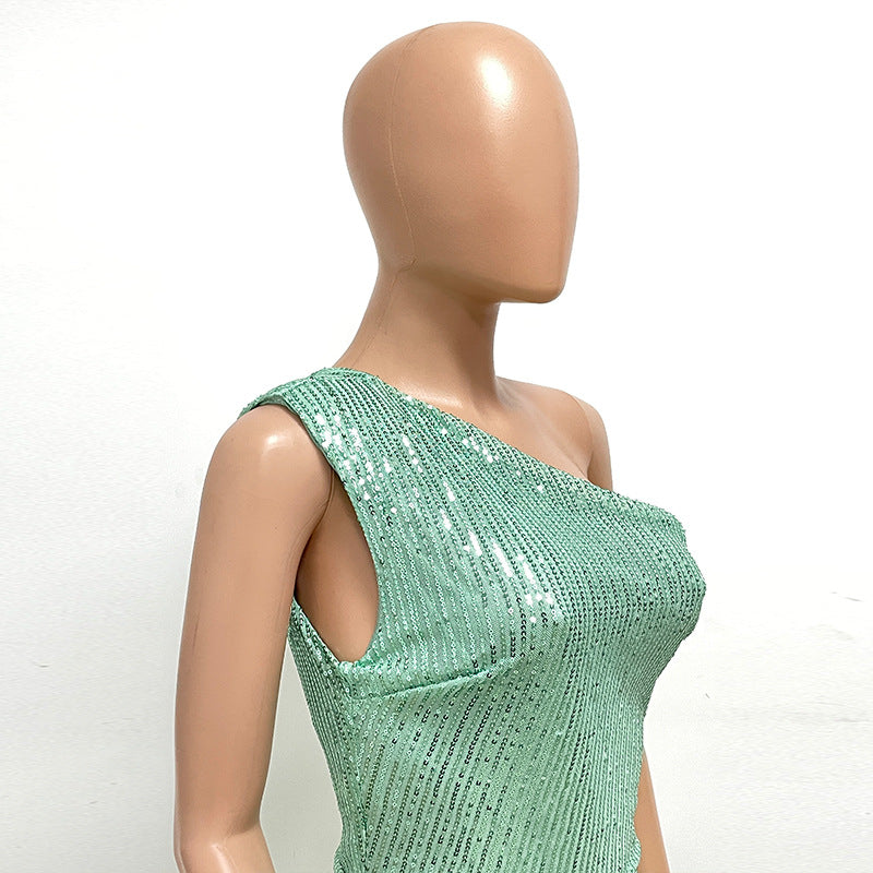 Glamorous One-Shoulder Sequined Wide-Leg Jumpsuit
