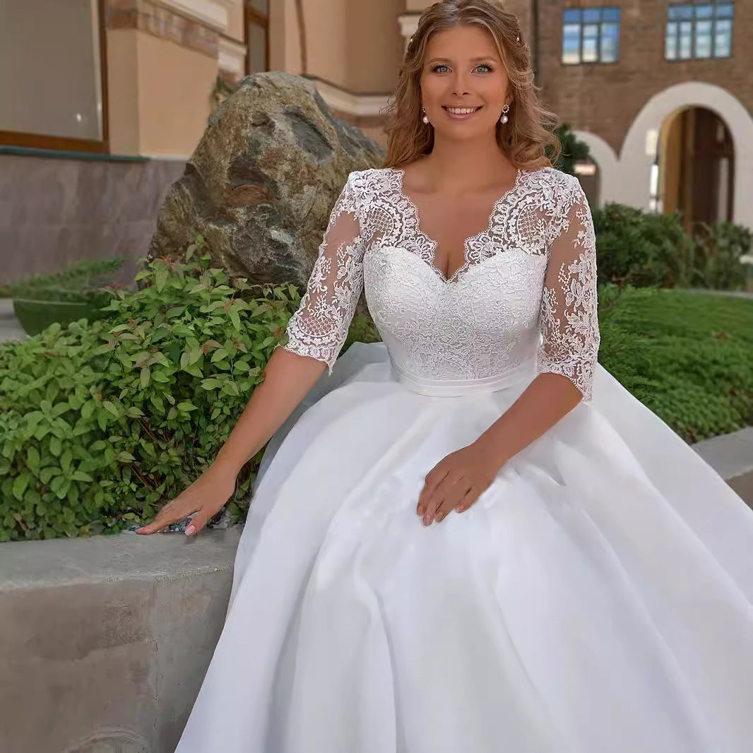 Plus-Size Lace V-Neck Wedding Dress with 3/4 Sleeves