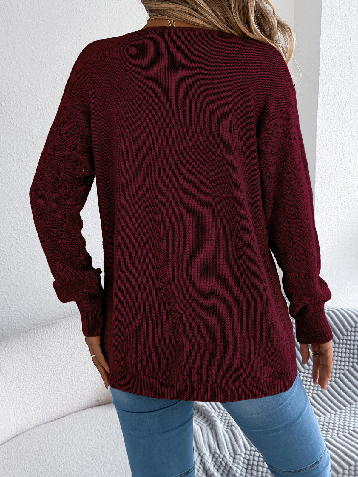 Women Solid Color Hollow Out Lantern Sleeve Long Sleeve Cardigan Sweater Coat