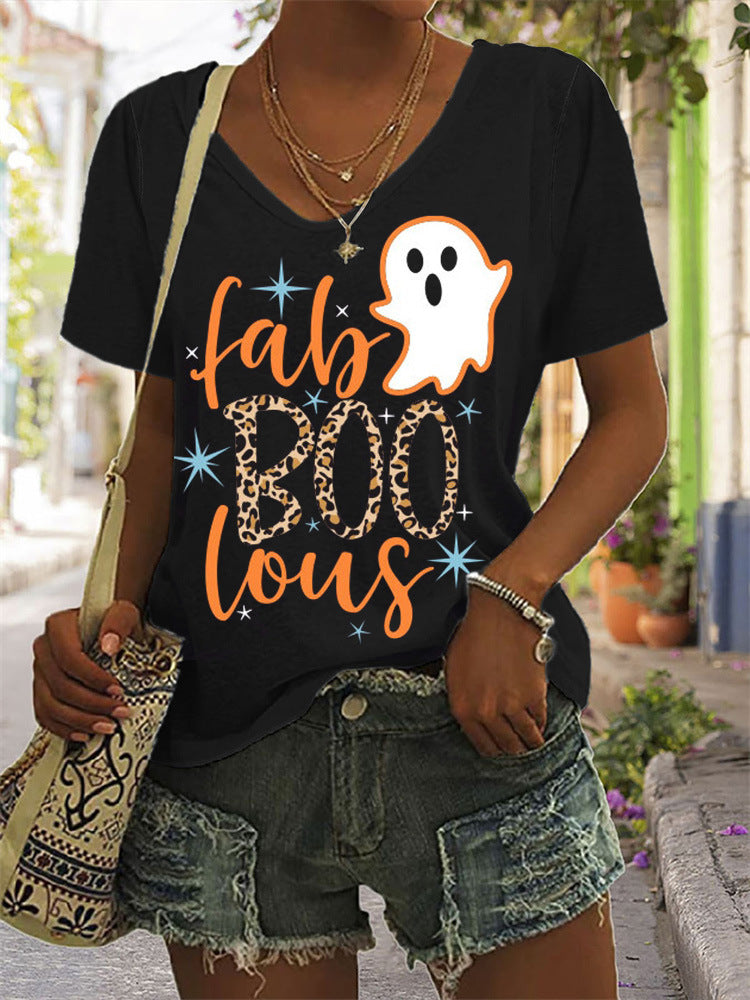 Women's 3D Printed Loose V-Neck Short Sleeve Top