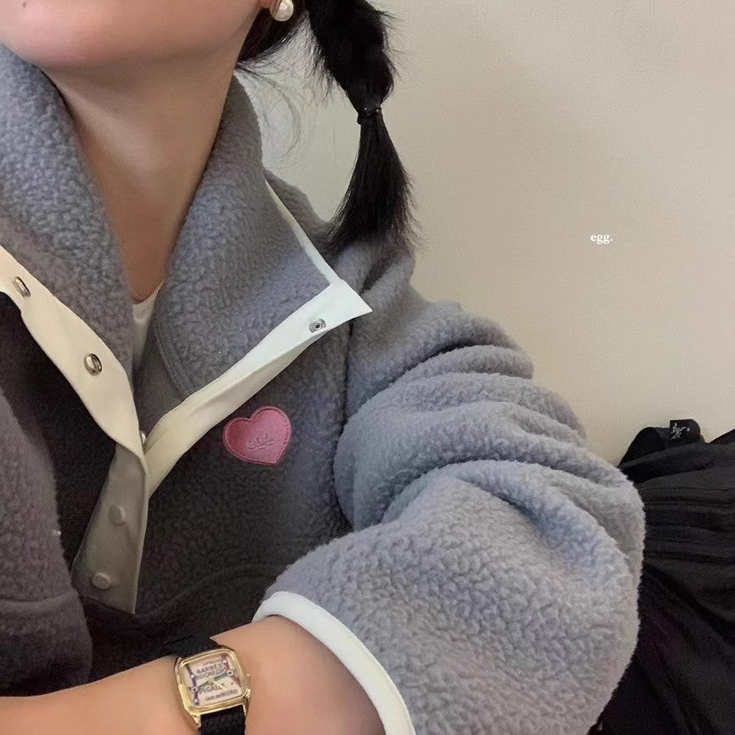 Cozy Half-Zip Embroidered Heart Lamb Wool Sweatshirt