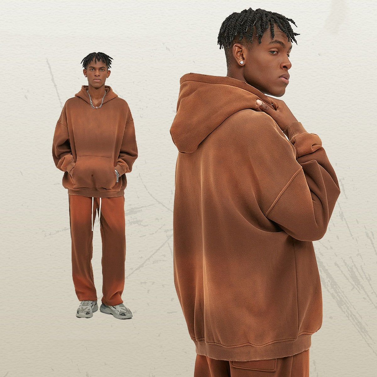 Distressed Fur-Lined Heavyweight Spray-Dyed Hoodie