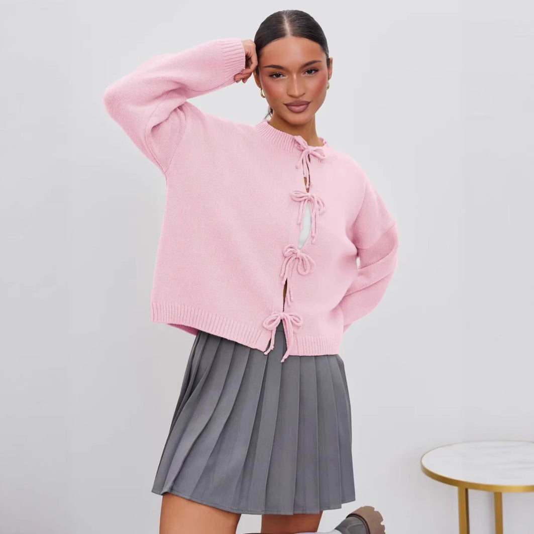 European and American European and American Leisure Loose Cardigan Lace-up Solid Color Knitted Sweater for Women