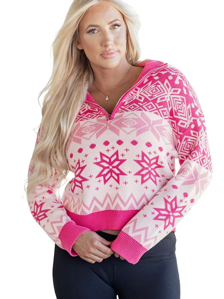 European and American Short-style Trendy Snowflake Print Sweater