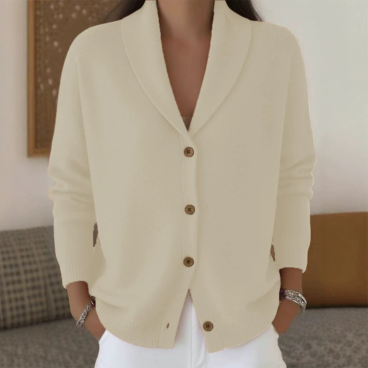 Womens Knitted Cardigan Loose-fit Lazy Style Soft and Cozy Notch Lapel Solid Color Long-sleeve Sweater