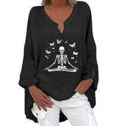 Women's Halloween V-Neck Cotton Linen Long Sleeve Shirt