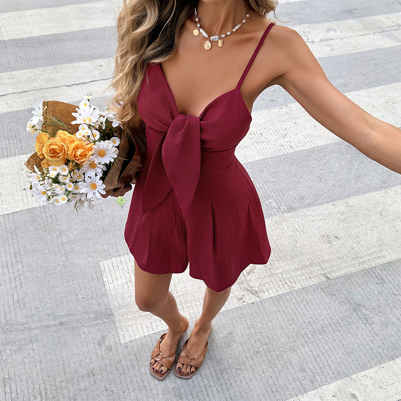 Chic Textured Resort Jumpsuit with Bow Detail