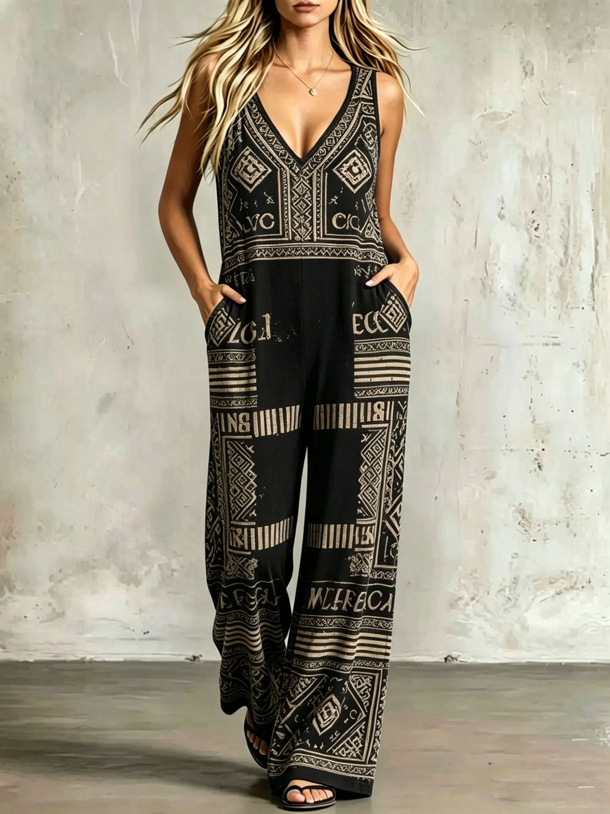 Printed Sleeveless Wide-Leg Loose Jumpsuit
