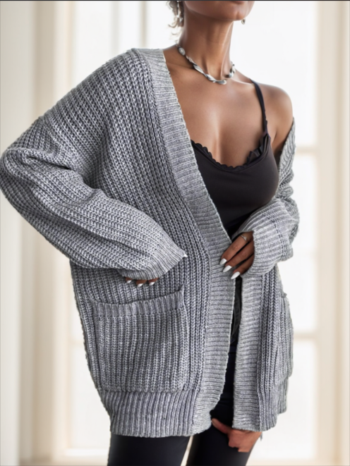 Chiquease Solid Dual Pockets Ribbed Knit Cardigan,long Sleeve Tops