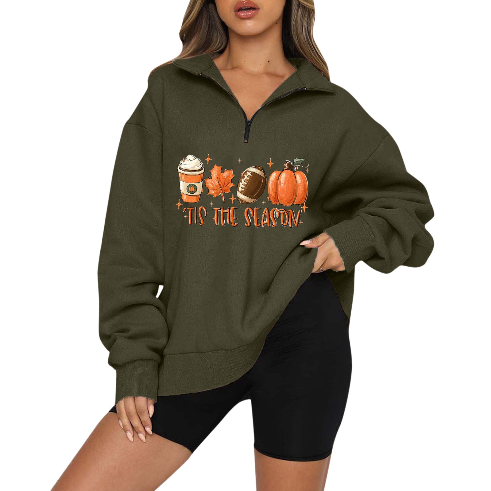 Halloween Pumpkin Print Casual Zipper Sweatshirt