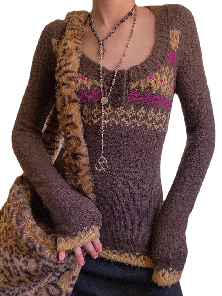 Elegant Base-layer Color-block Crew-neck Long-sleeve Knit Sweater