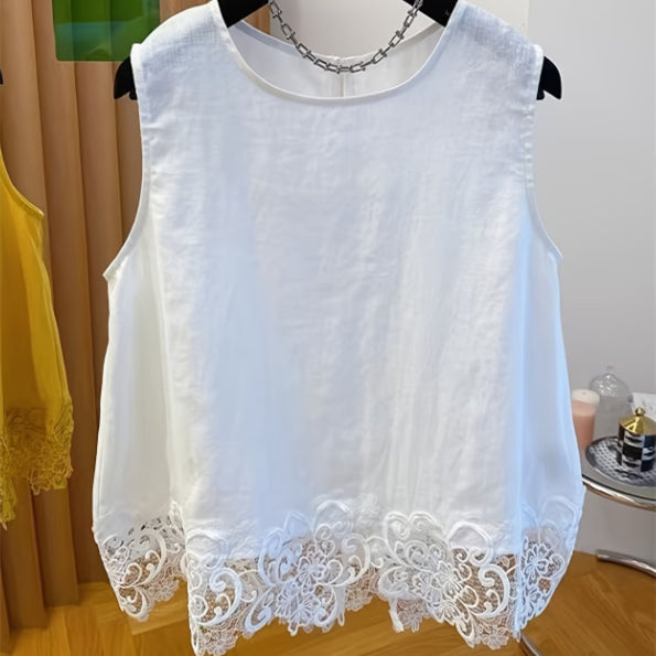 Elegant French Lace Spliced Sleeveless Vest – Sweet White