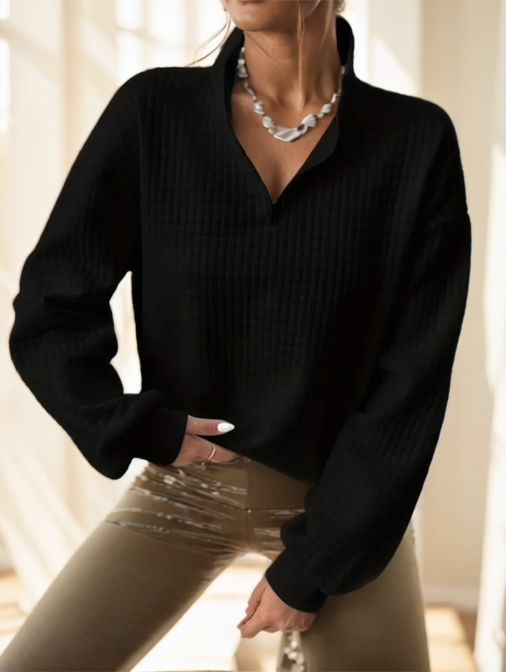Waffle Grid Quarter Zip Pullover Sweatshirt