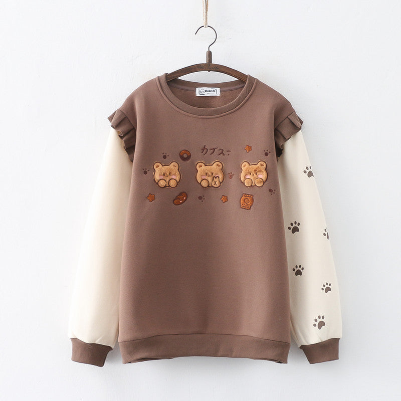 Cute Bear Embroidered Fleece-Lined Thick Pullover Sweater