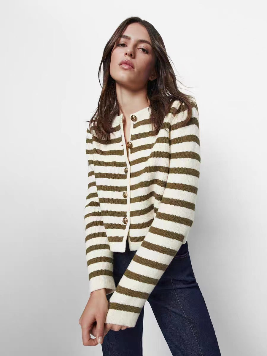 Buckle Striped Classic Style Knitted Cardigan Sweater Short Coat