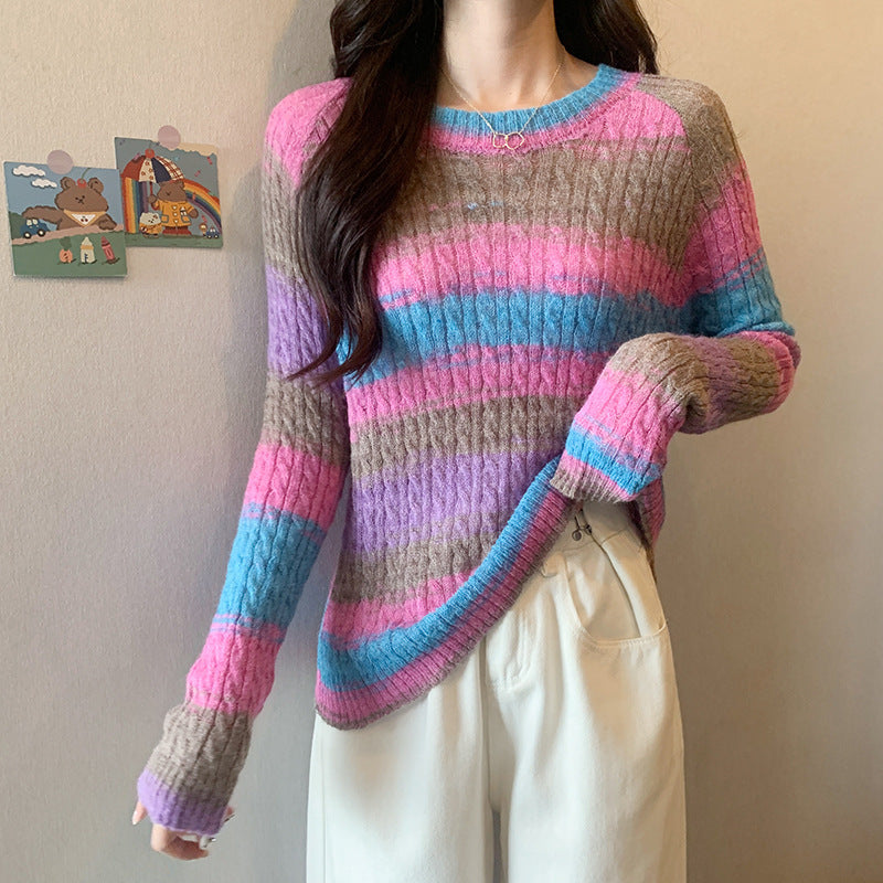 Striped Round Neck Pullover Sweater for Women
