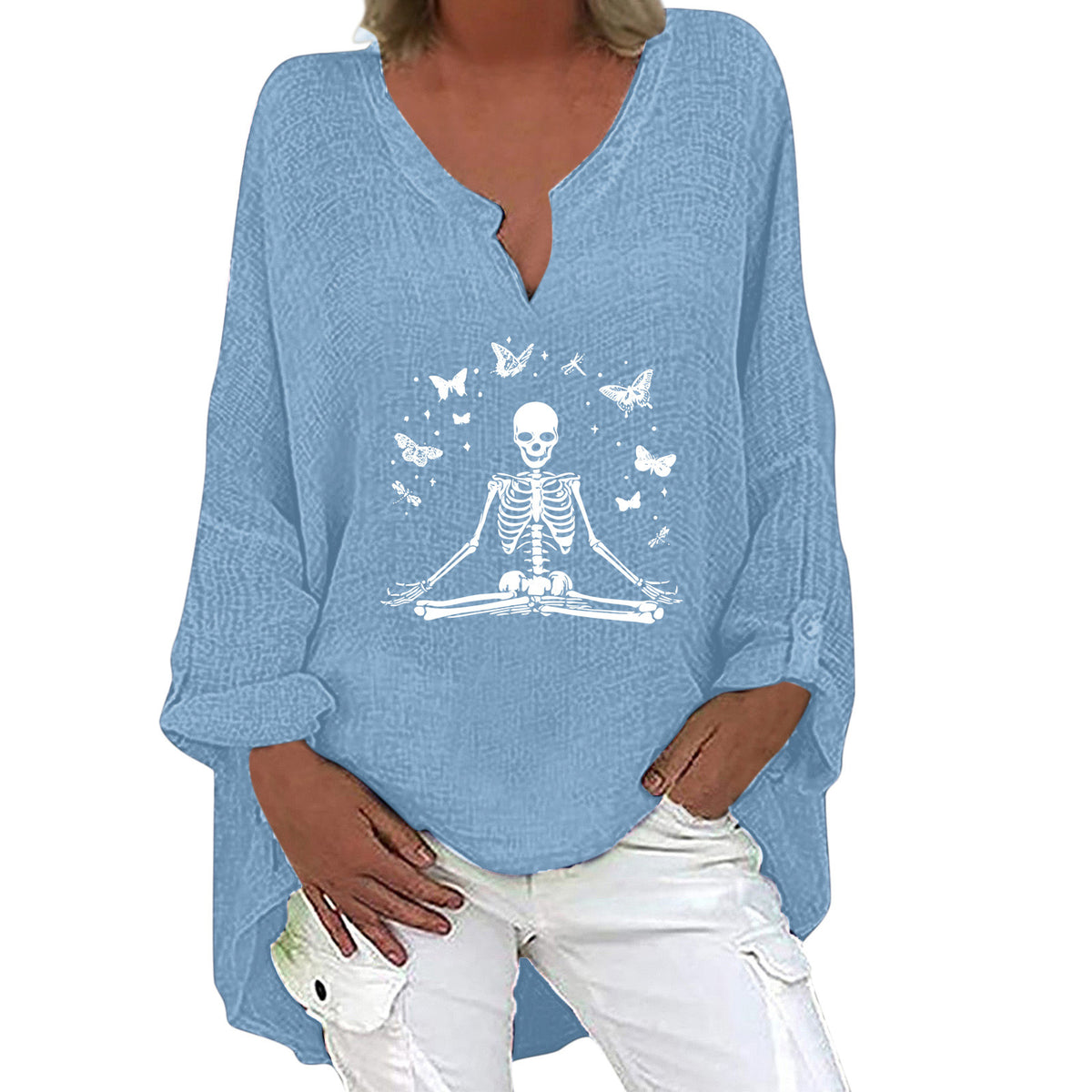 Halloween V-Neck Cotton Linen Long Sleeve Shirt