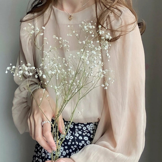 Loose-Fit Chiffon Top with Puff Sleeves – Elegant Long Sleeve
