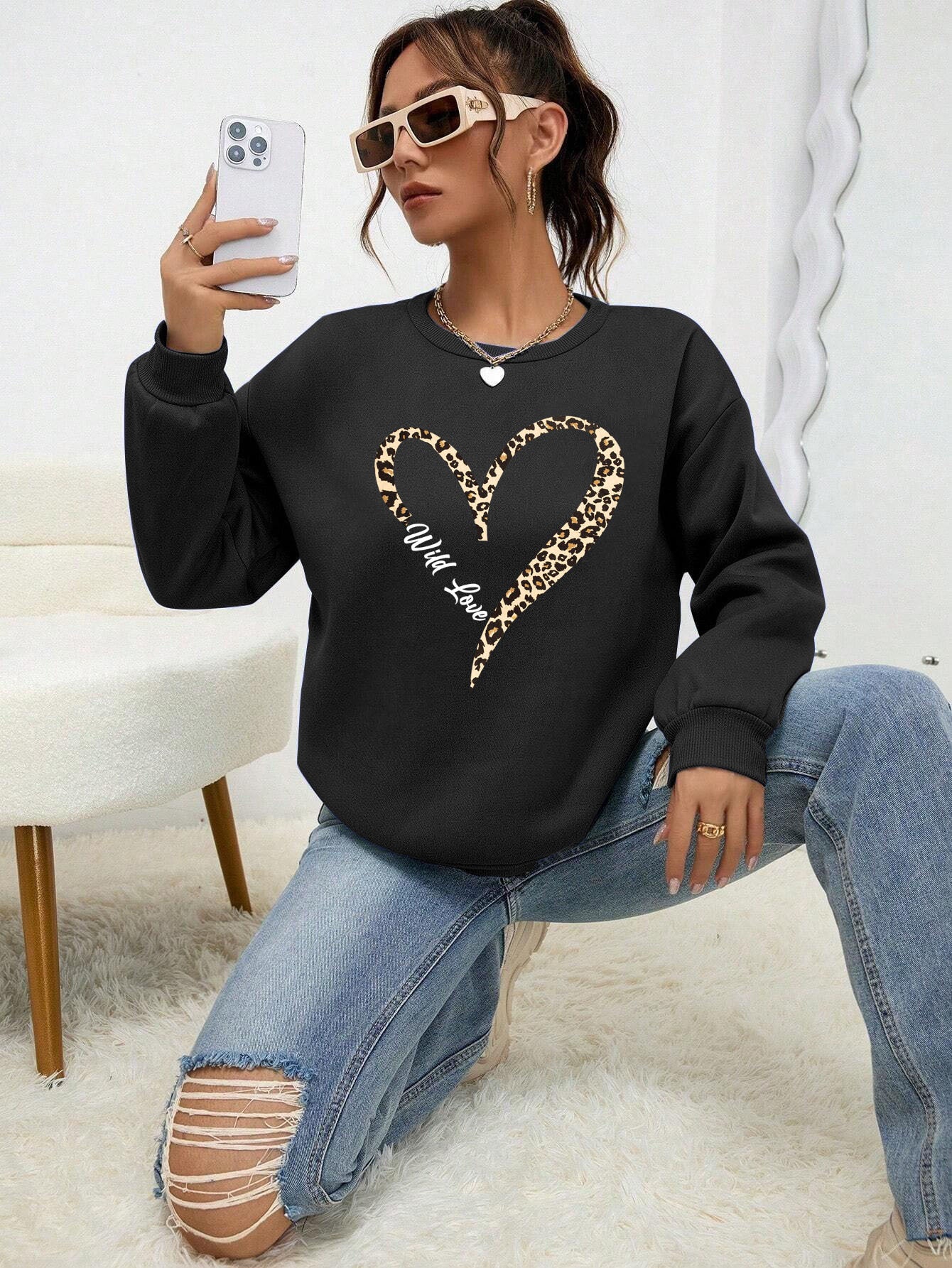 Leopard Wild Heart Print Sweatshirt Set