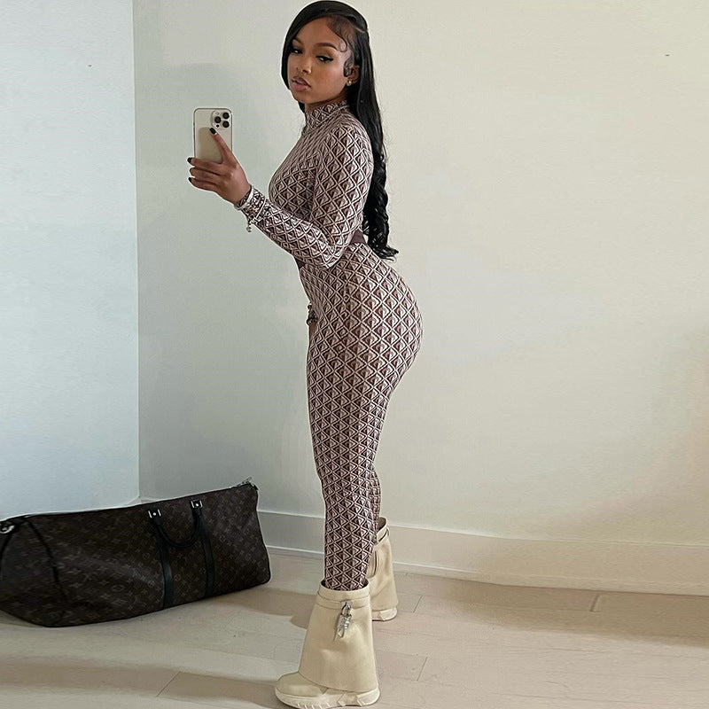 Women's Printed Long Sleeve Fitness Jumpsuit