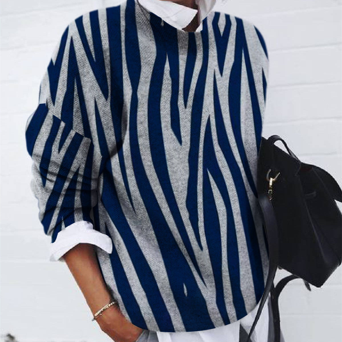 Ladies Fashion Brushed Geometric Print Loose Long Sleeve Hoodie