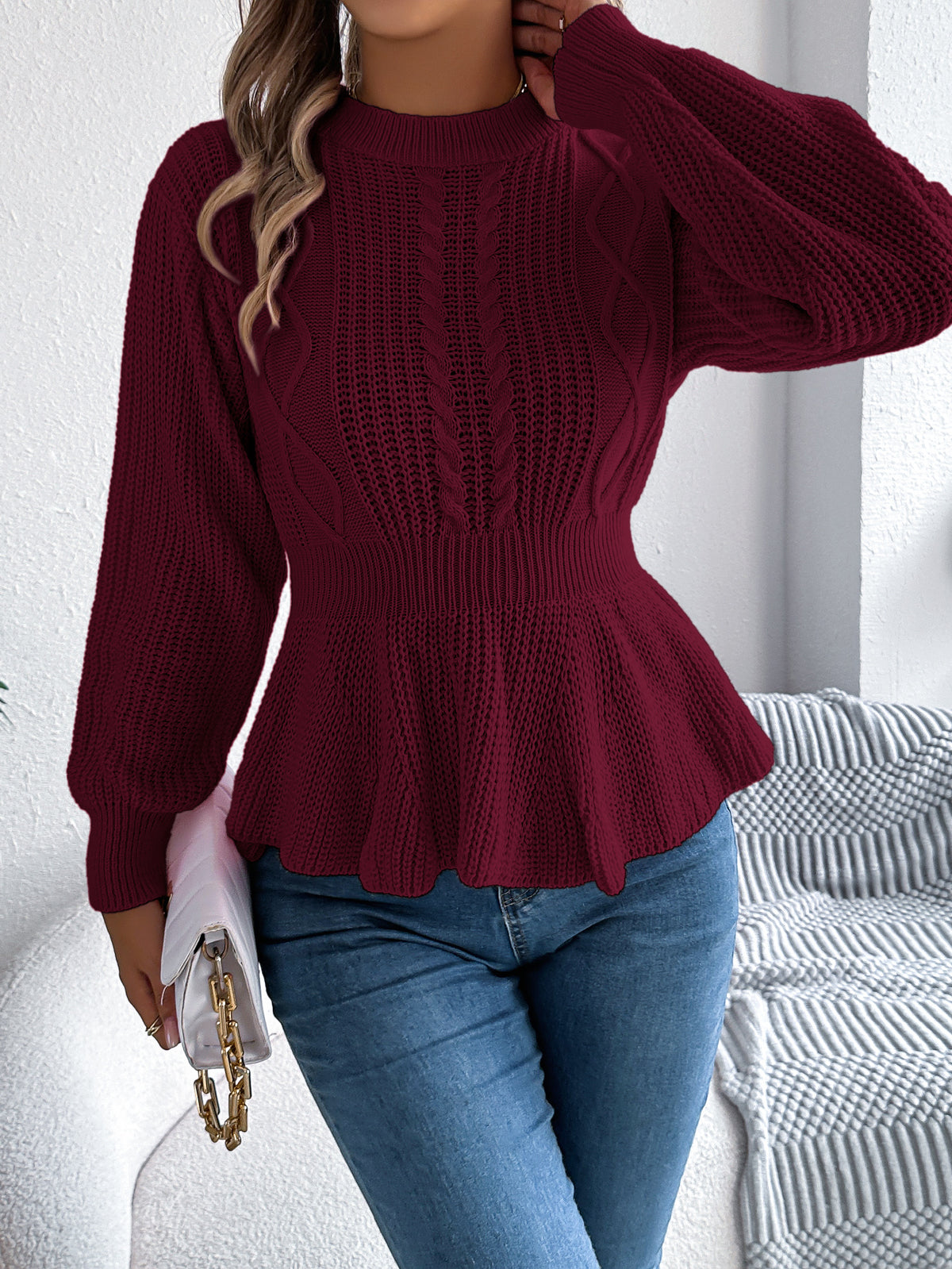 Women Solid Color Cable Knit Cinched Waist Ruffled Long Sleeve Pullover Sweater