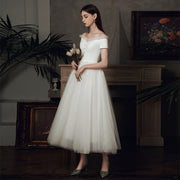 Off-the-Shoulder Tulle Puff Midi Wedding Dress