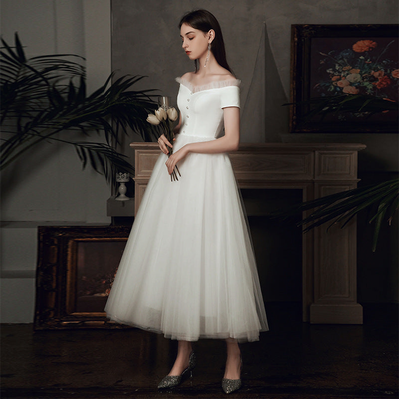 Off-the-Shoulder Tulle Puff Midi Wedding Dress
