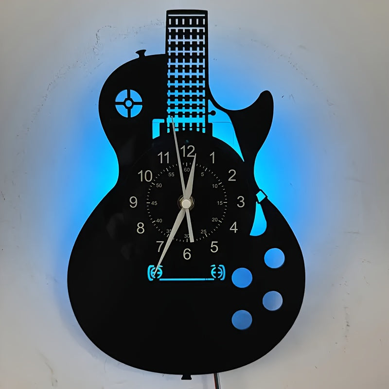 [LED Guitar Wall Clock] LED Guitar Vinyl Wall Clock - 7 Color Lights, AA Battery Powered, Round Shape, Silent Unique Gift for Guitar Players, Black Glue Record Decor for Living Room, Bedroom, Kitchen, Office, Musical, Christmas Deco