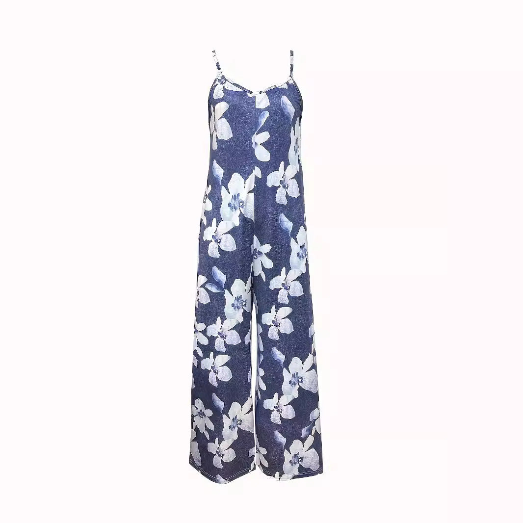 Womens Printed Strap Loose Wide-leg Jumpsuit
