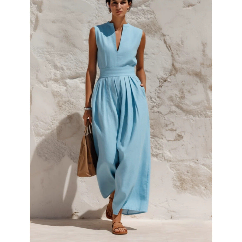 Sleeveless Pullover Solid-color High-waisted Loose-fitting Jumpsuit