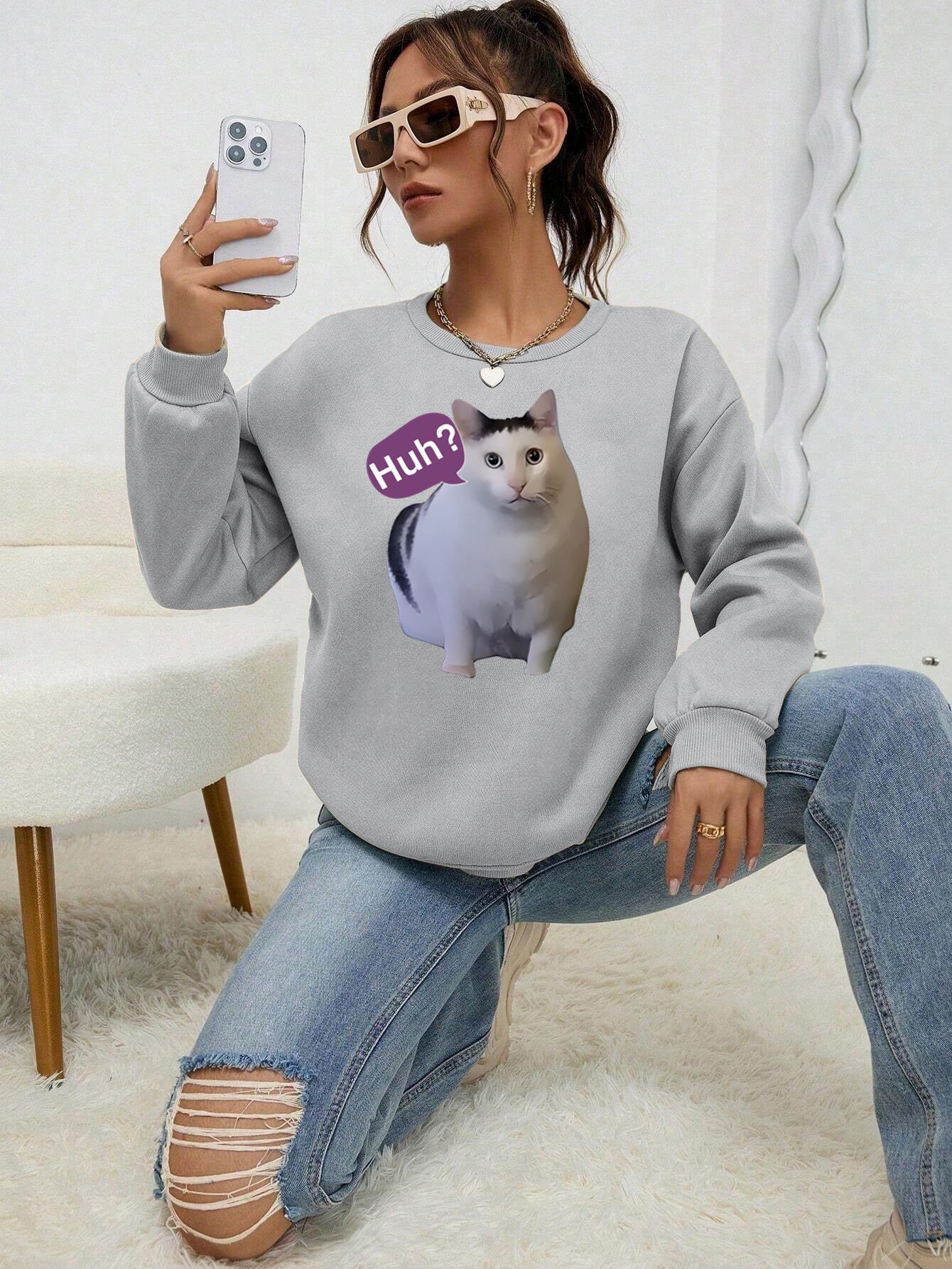 Cute Cat Print Women's Casual Pullover Sweater