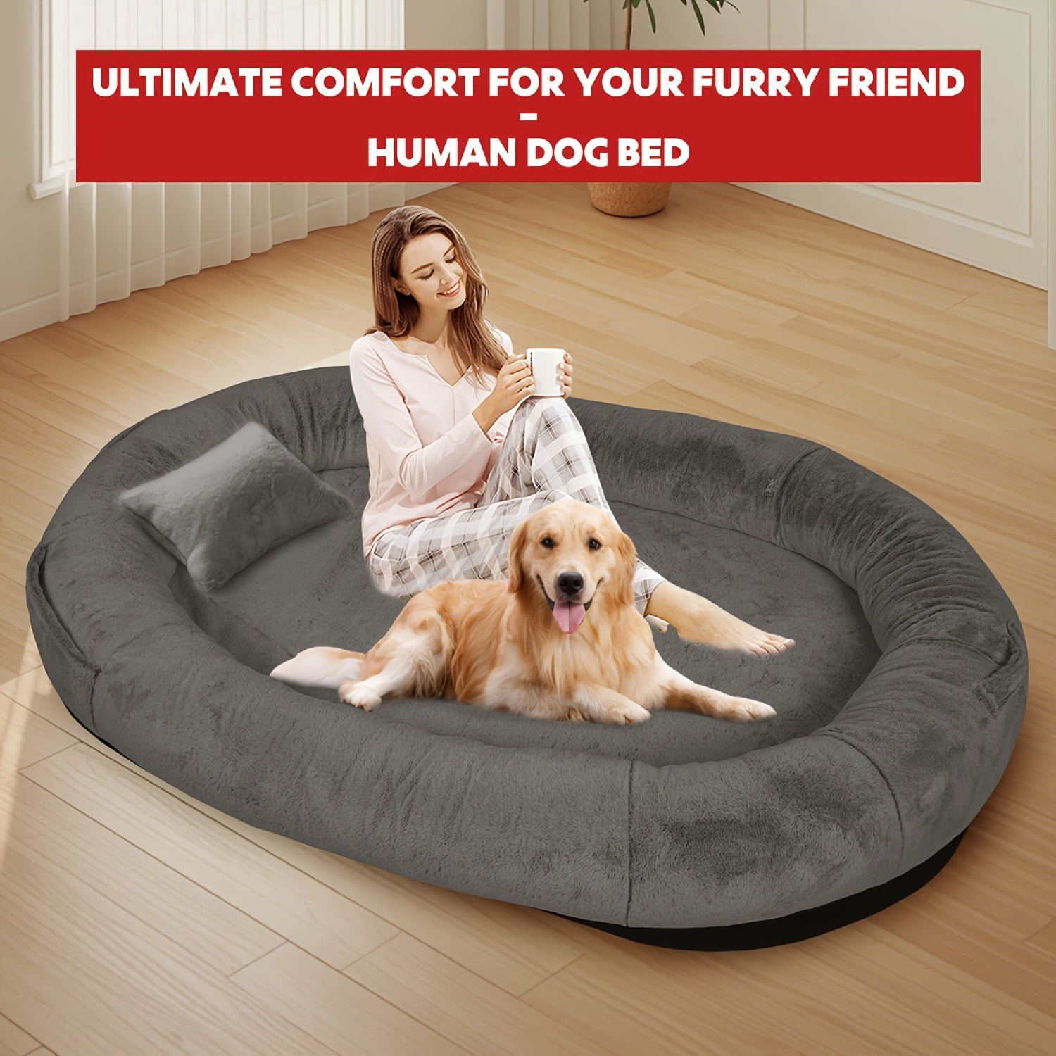 Luxury Oversized Orthopedic Dog Bed For Adults & Puppies - Giant Faux Fur Pet Lounger With Removable Washable Cover, Grey Oval Bed Frame - Compatible With All Dog Sizes (large Breed-friendly) -