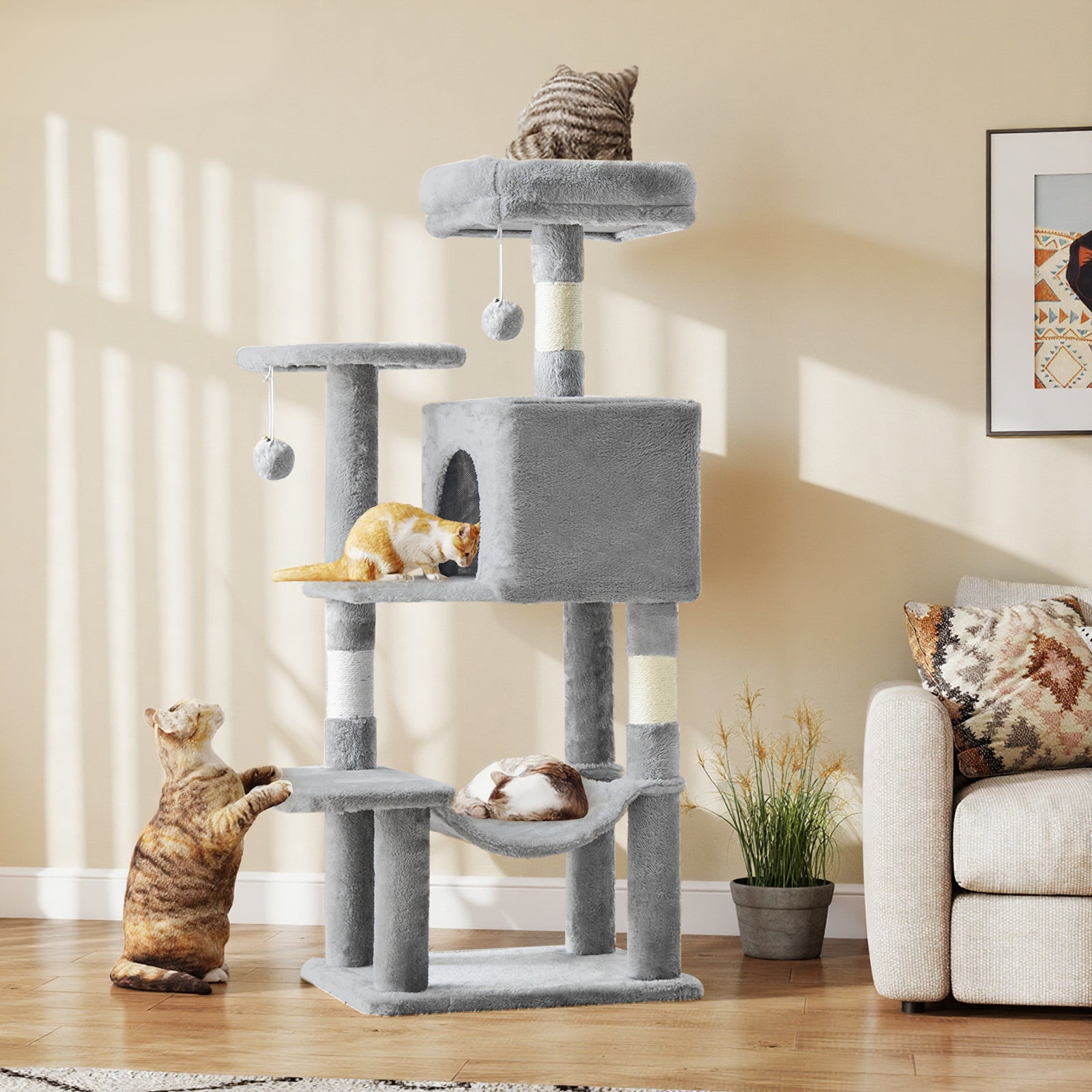 Jhk 44-Inch Multi-Cat Tree Tower With Condo & Hammock - Natural Sisal Scratching Posts, Perches, Pet House For Indoor Cats, Beige/Gray/Light Gray/Pink/Black&Red