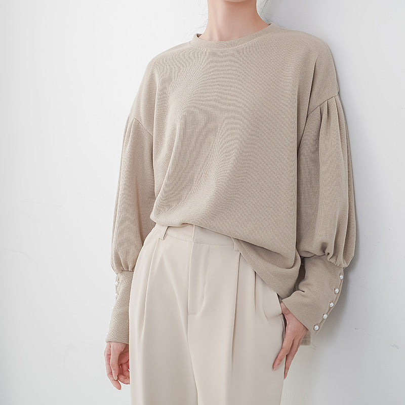 Chic Pearl Buckle Lantern Sleeve Sweater for Women
