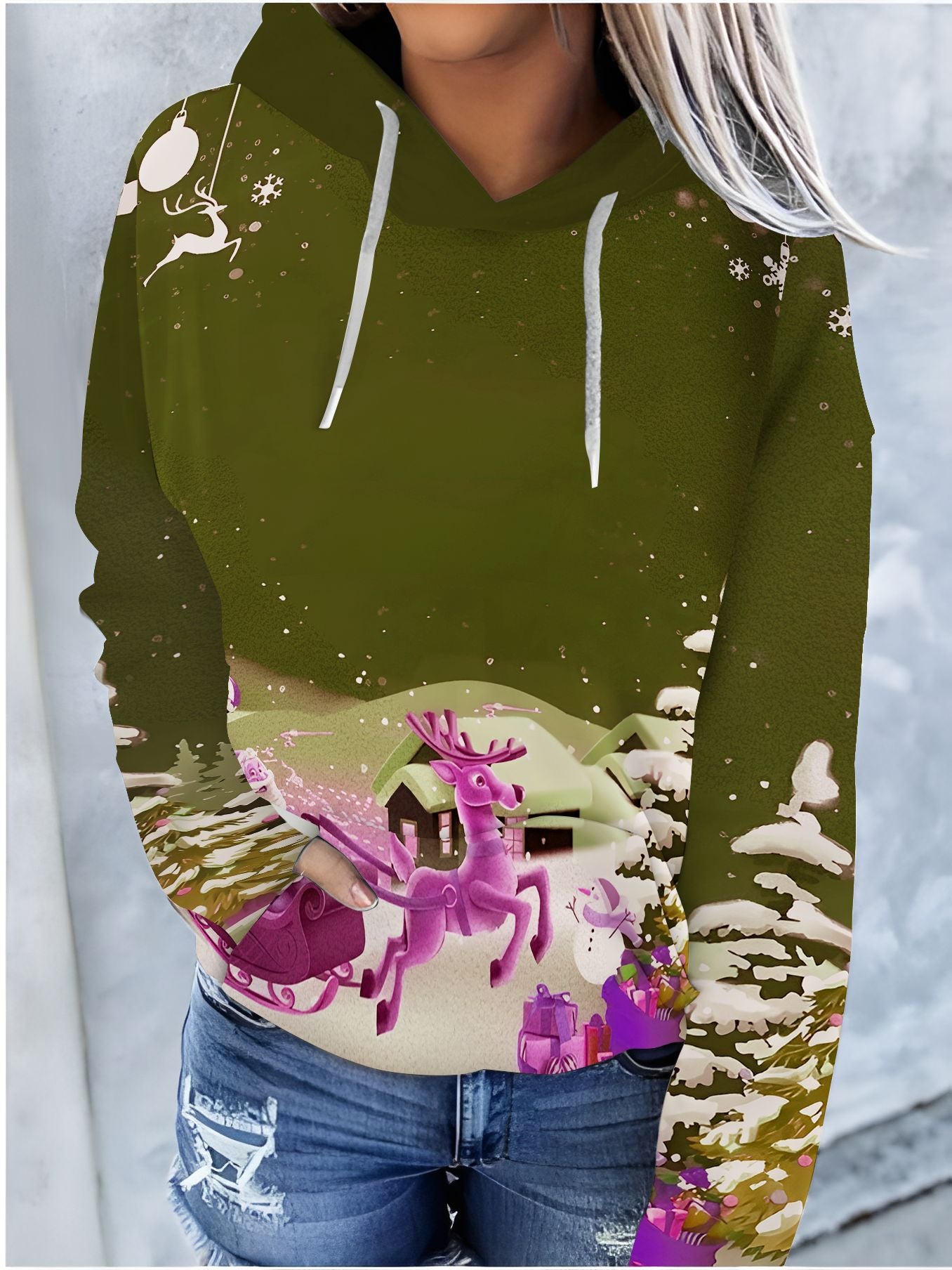 Festive Christmas Print Drawstring Hoodie