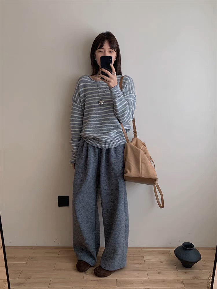 Korean-style Striped Knitted Casual Sweater Top for Women