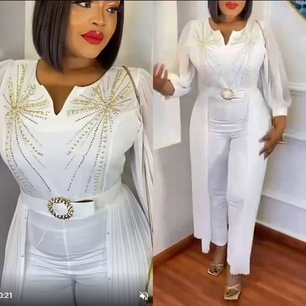 Elegant Rhinestone False Two-Piece Belted Dress