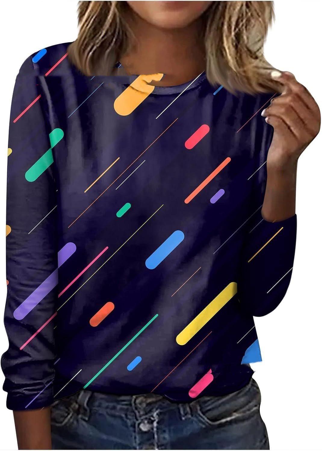 Floral Geometric Print Long Sleeve Round Neck Pullover