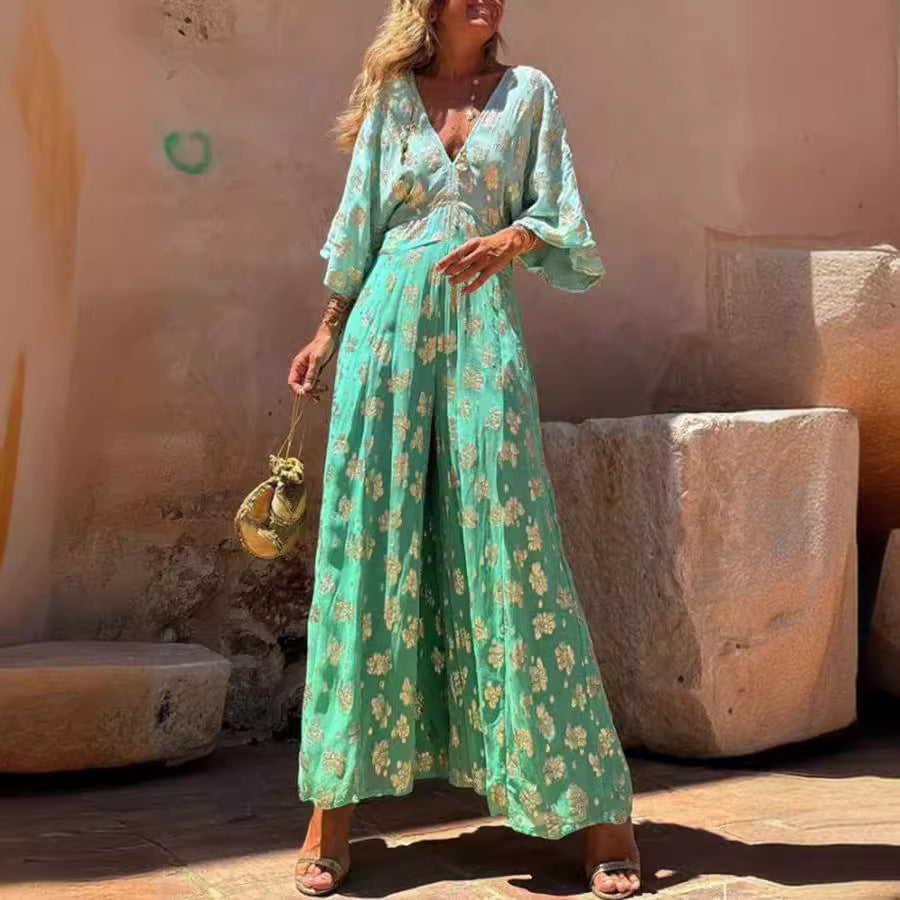 Printed V-Neck Backless Wide Leg Jumpsuit
