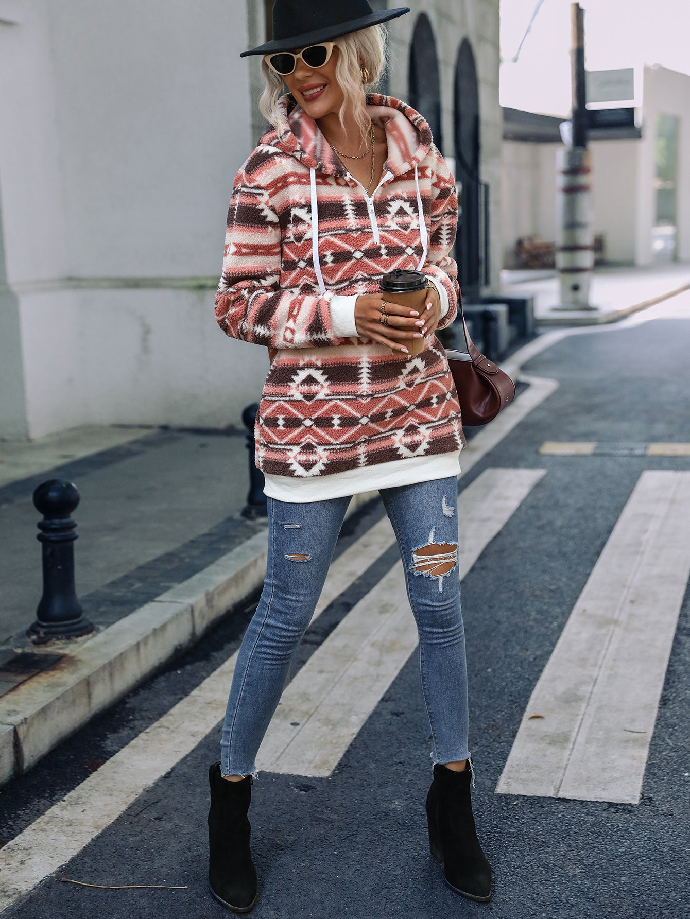 Festive Christmas Print Fleece Loose Pullover Hoodie