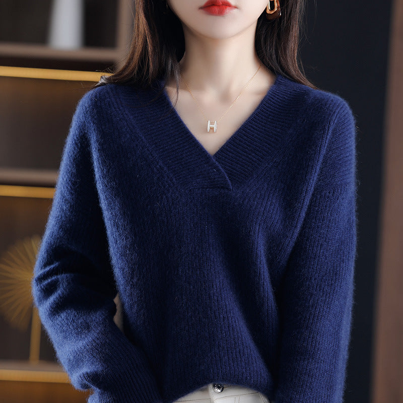 Women's Loose Solid Color and V-neck Pullover Thick Sweater