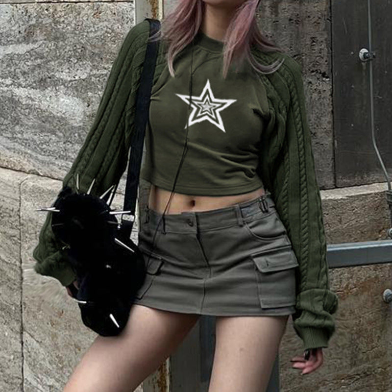 Star Print Contrast Raglan Sleeve Trendy Sweater