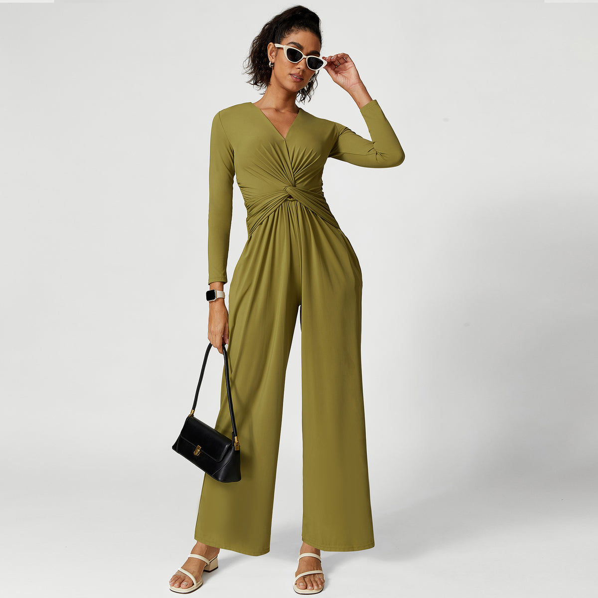 V-neck Pleated Design Sense High Slit Yoga Dress Women