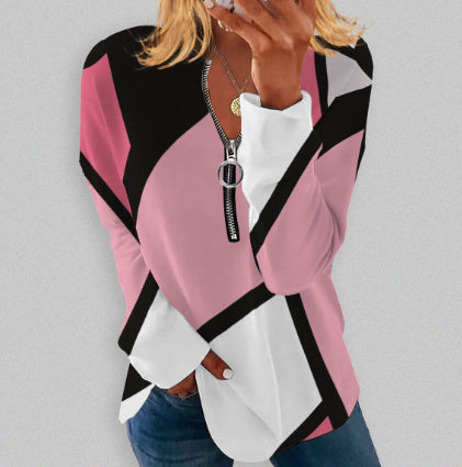 Geometric Print Retro Long-Sleeve Zip Pullover