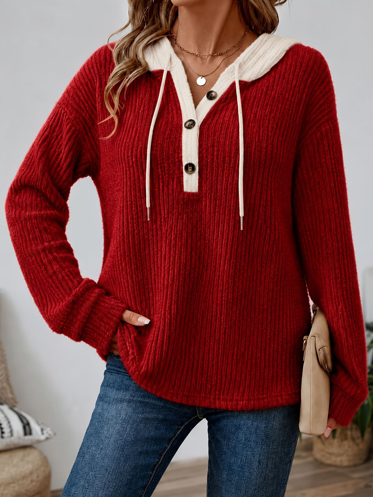 Loose-fit V-neck Buttoned Hooded Casual Womens Top with Drawstring