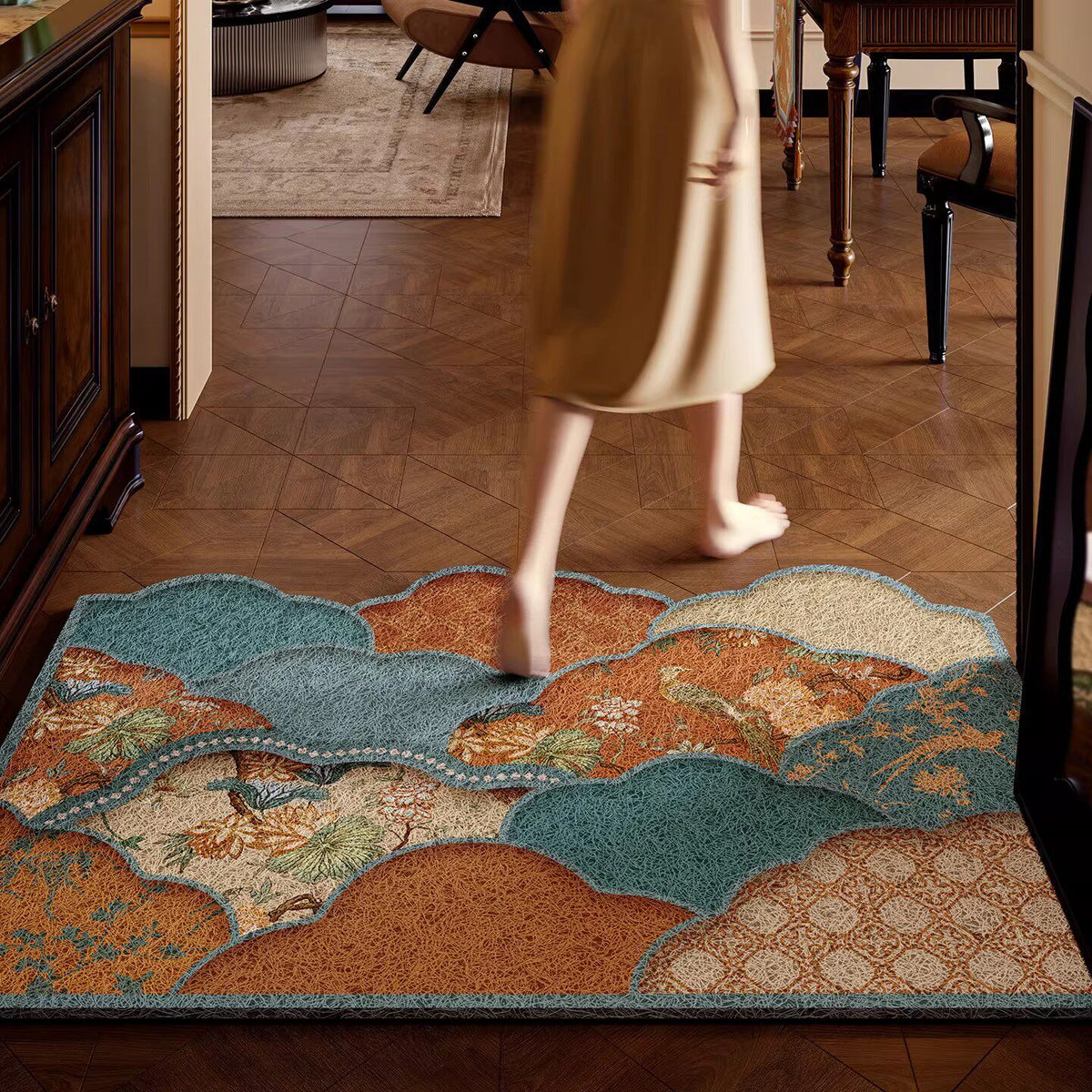 Chinese Retro Cut-to-Fit Entry Doormat - Washable, Elegant Floral Designs
