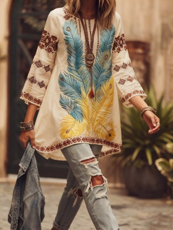 Retro Ethnic Bell Sleeve Long‑Sleeve Top – Casual & Feminine